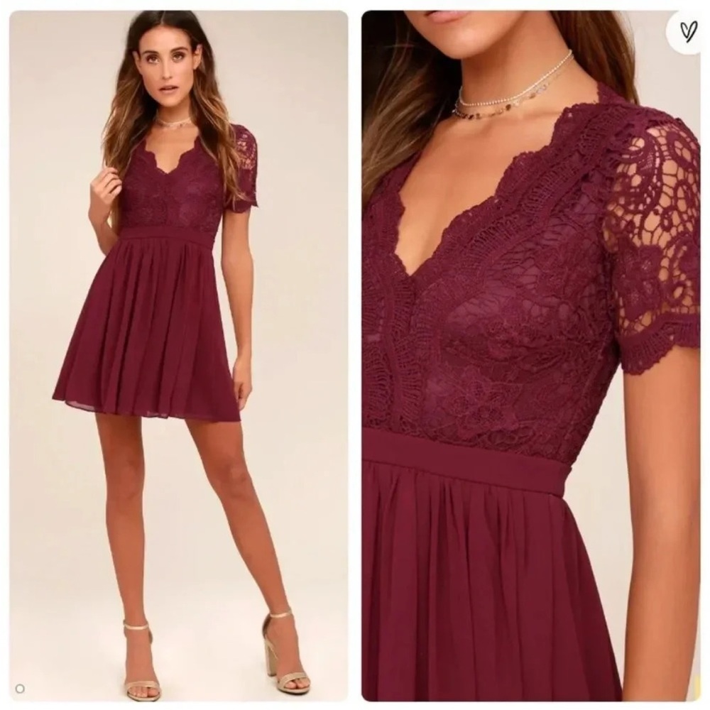 Lulu's Burgundy Lace Skater Mini Dress